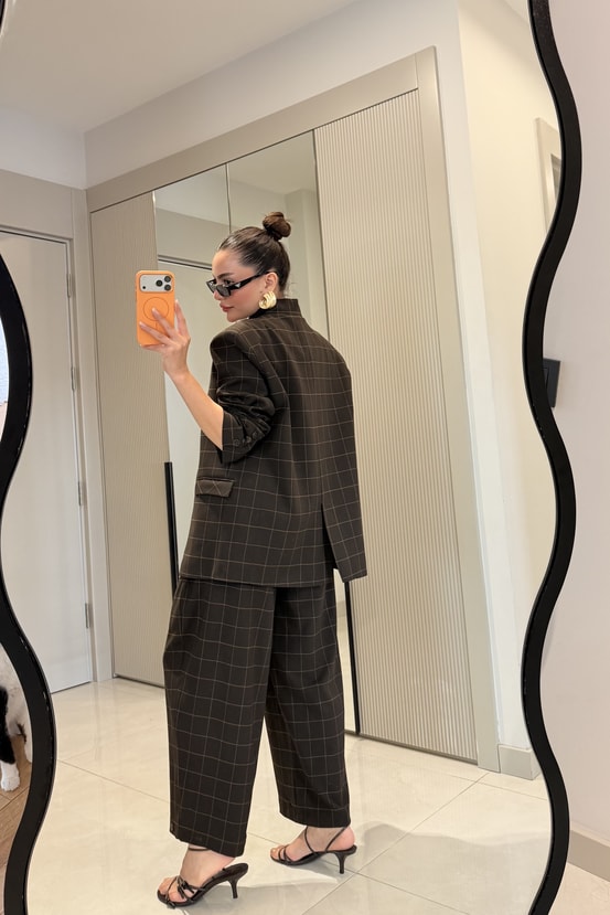 Evina Kahve Ekose Yüksek Bel Pantolon