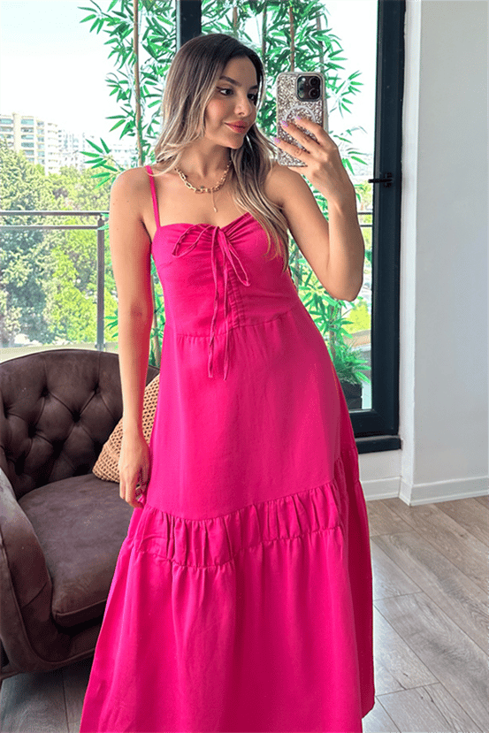 Fanny önü büzgülü pembe keten elbise