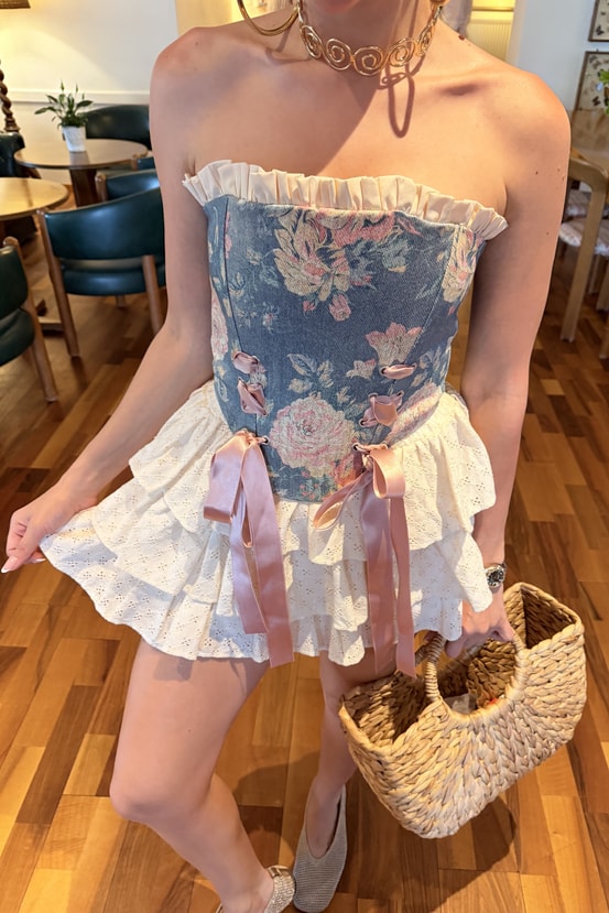 Faralya Pembe Desenli Vintage Korse Büstiyer