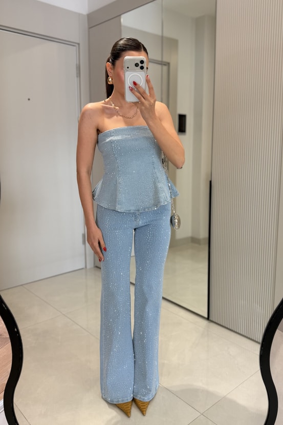 Fayra Lightblue Taşlı Denim Takım