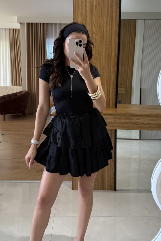 Felina Siyah Yarım Kollu Slim Basic Crop 