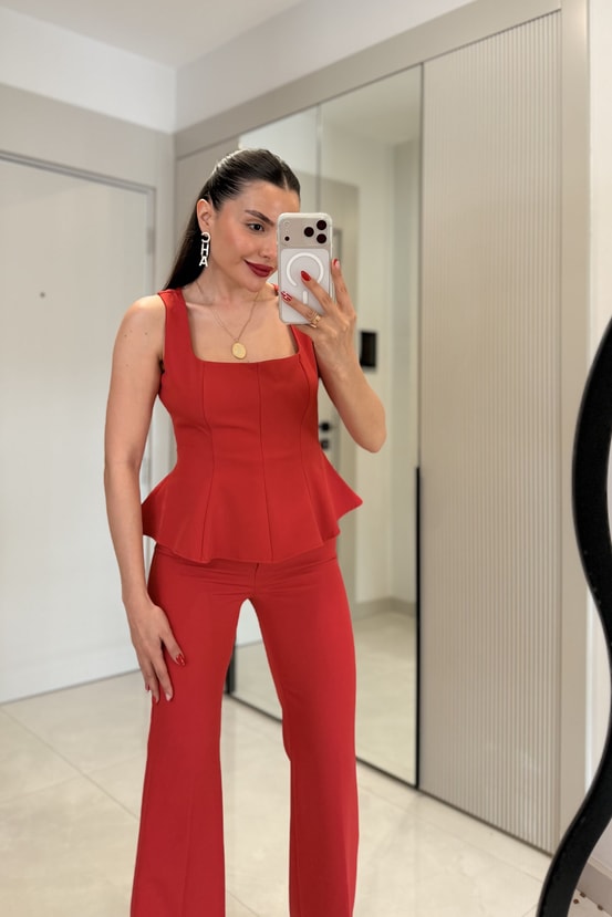 Flera Kırmızı Premium Bluz Pantolon Takım