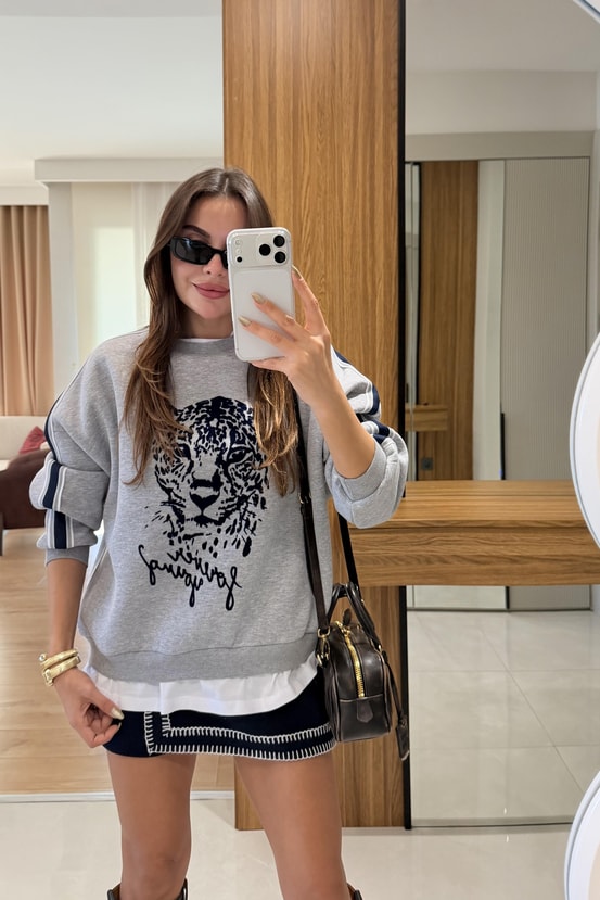 Forever Gri Kaplan Baskılı Sweatshirt