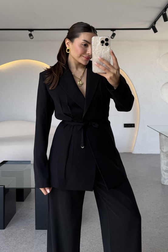 Frand Siyah Premium Krep Kuşaklı Blazer 