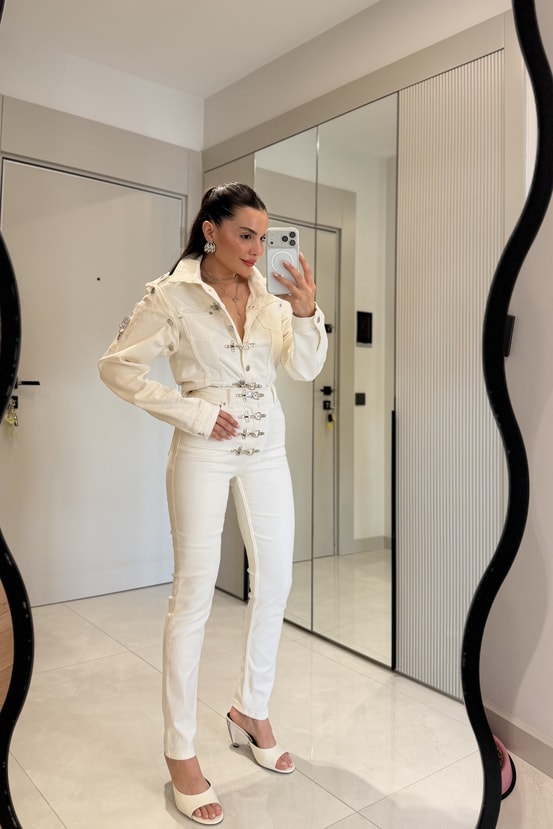 Frenk Krem Kelepçeli Denim Takım
