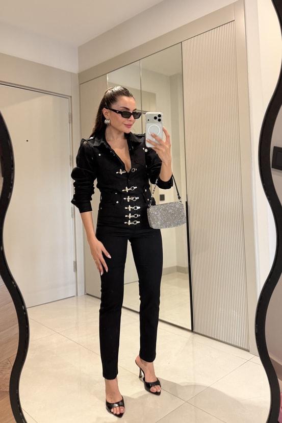 Frenk Siyah Kelepçeli Denim Takım