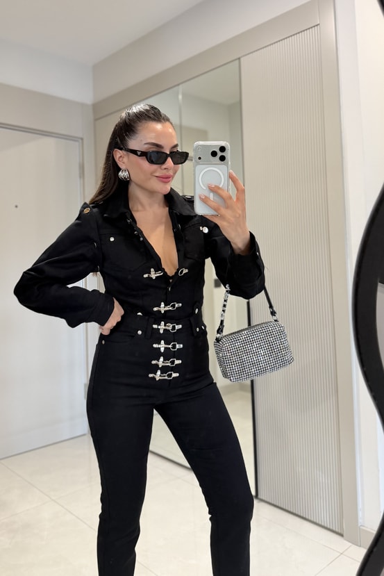 Frenk Siyah Kelepçeli Denim Takım