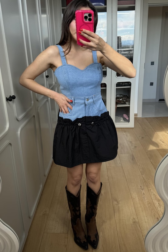 Fuente Kalp Yaka Denim Crop