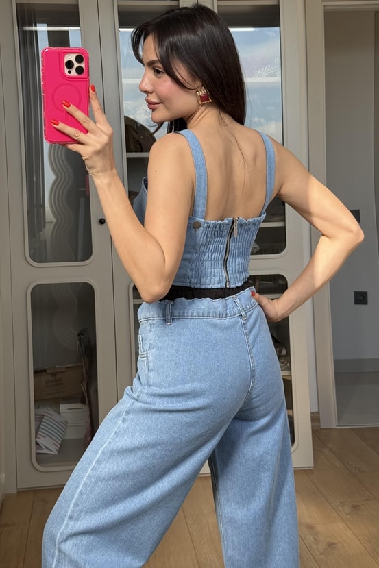 Fuente Kalp Yaka Denim Crop