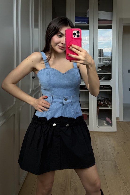 Fuente Kalp Yaka Denim Crop
