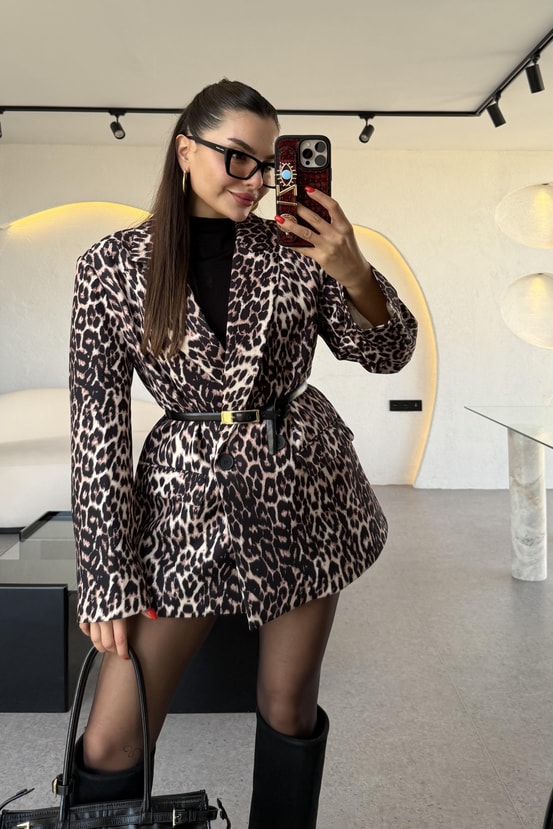Ginera Leopar Desen Blazer Ceket 