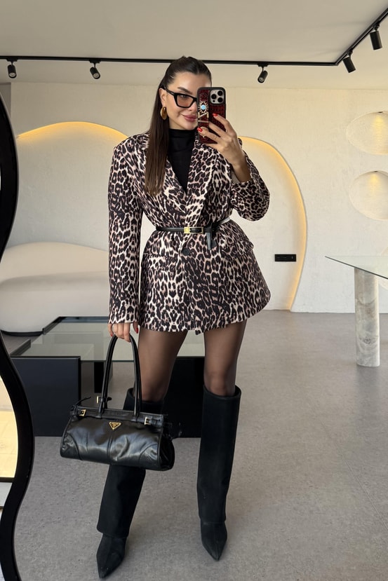 Ginera Leopar Desen Blazer Ceket 