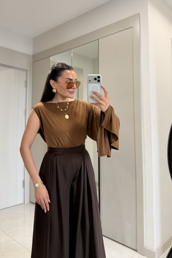 Ginevra Kahve Çift Pensli Geniş Paça Pantolon
