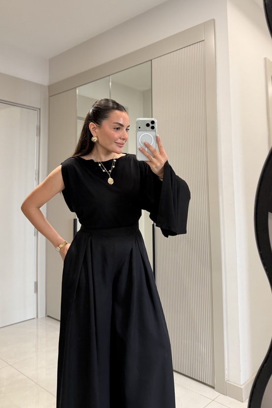 Ginevra Siyah Çift Pensli Geniş Paça Pantolon
