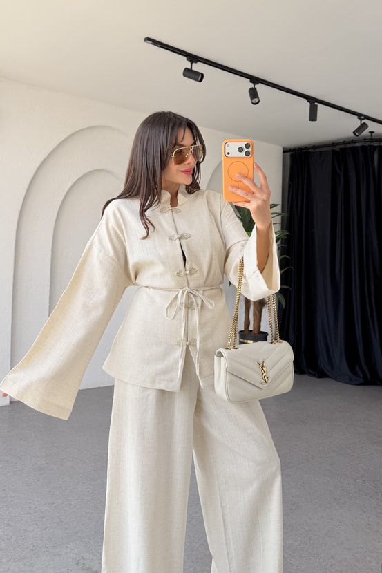 Granada Natural Keten Çin Düğmeli Modern Takım