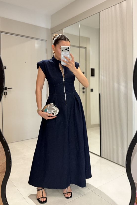 Growe Darkblue Önü Fermuarlı Maxi Denim Elbise