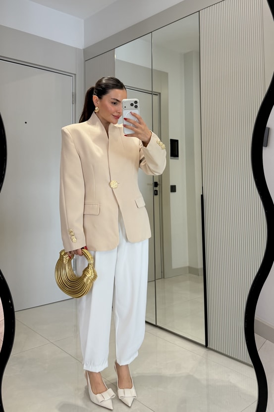 Harward Krem Gold Düğmeli Blazer Ceket