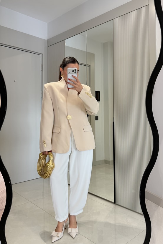Harward Krem Gold Düğmeli Blazer Ceket