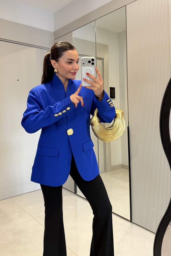Harward Saks Mavi Gold Düğmeli Blazer Ceket