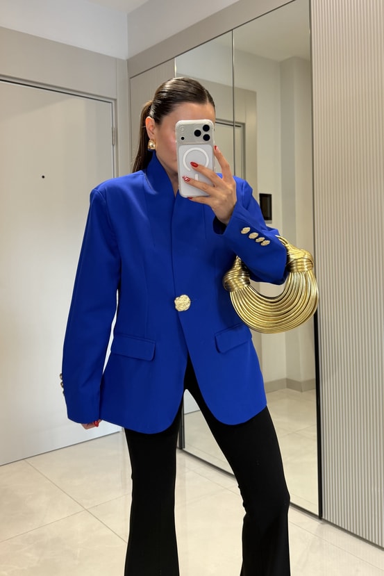 Harward Saks Mavi Gold Düğmeli Blazer Ceket