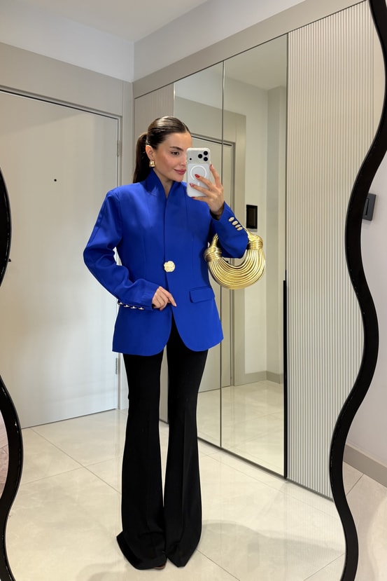 Harward Saks Mavi Gold Düğmeli Blazer Ceket