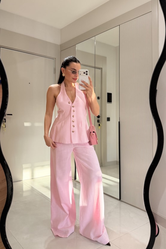Hauser Pembe Keten Yelekli Takım