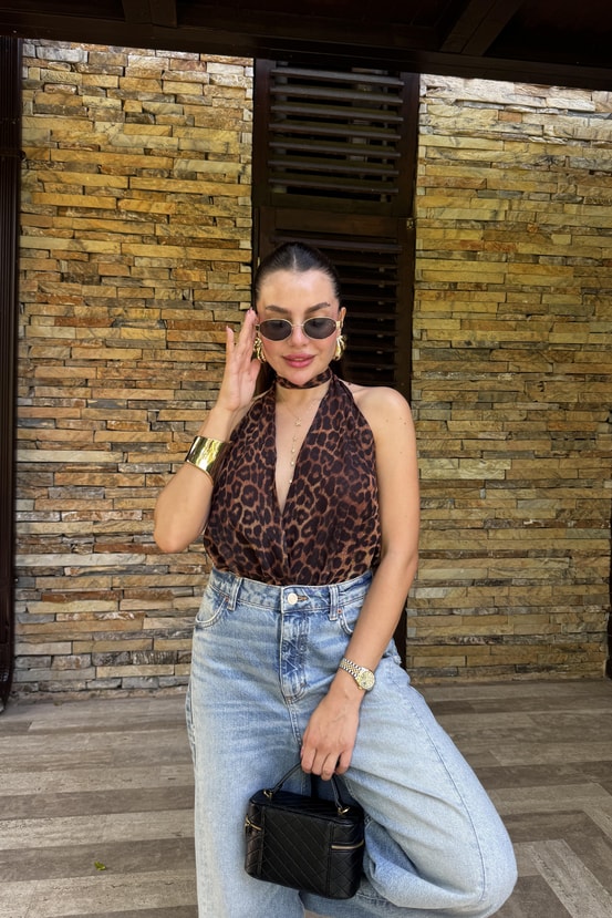 Heide Leopar Tasarım Sırt Dekolteli Bluz
