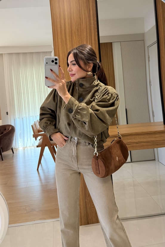 Hermes Haki Kadife Bomber Ceket