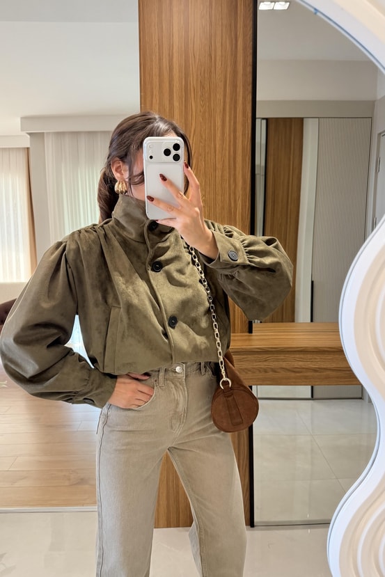 Hermes Haki Kadife Bomber Ceket