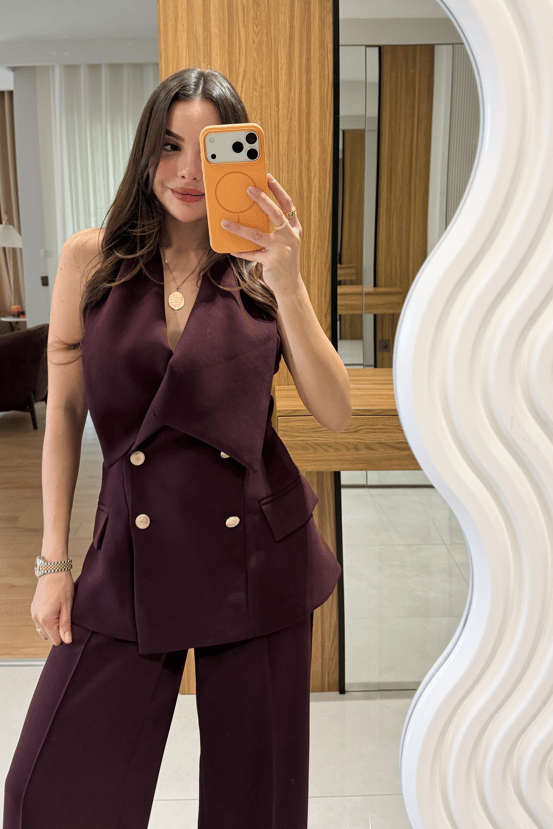 Jasmine Mürdüm Premium Yelekli Şık Takım