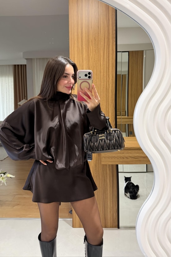 Josef Kahve Mini Saten Elbise