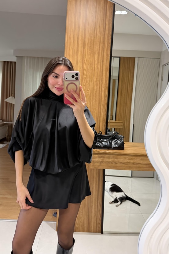 Josef Siyah Mini Saten Elbise