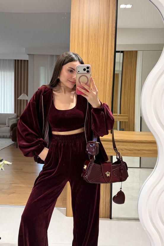 Jovie Bordo Kadife Üçlü Takım