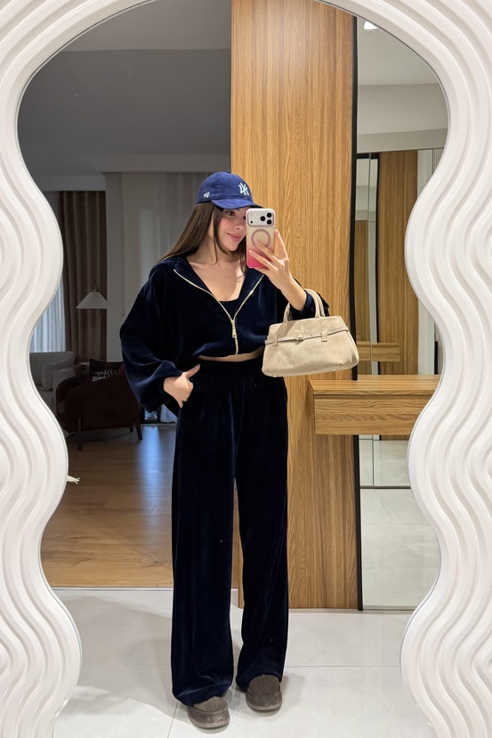 Jovie Lacivert Kadife Üçlü Takım