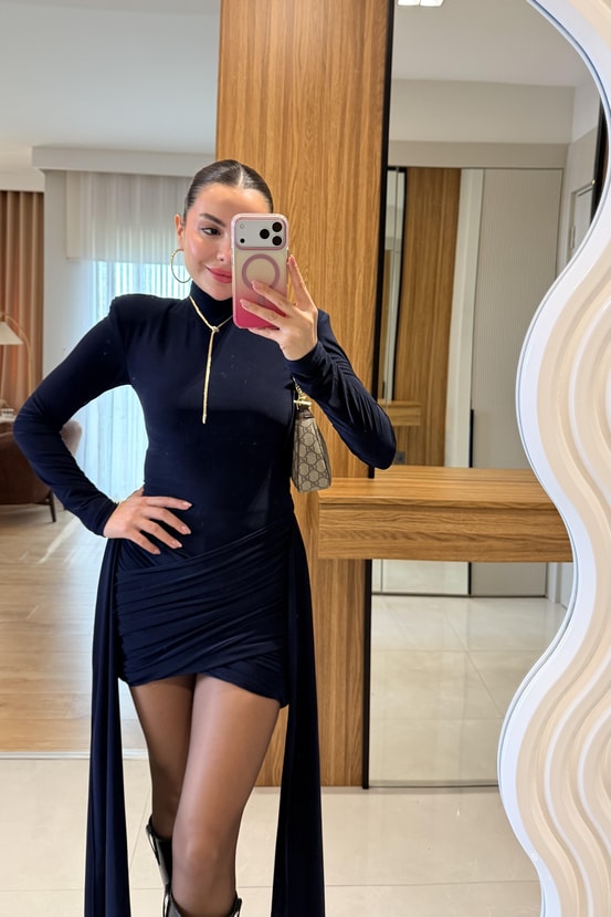 July Lacivert Kuyruklu Drapeli Vatkalı Elbise