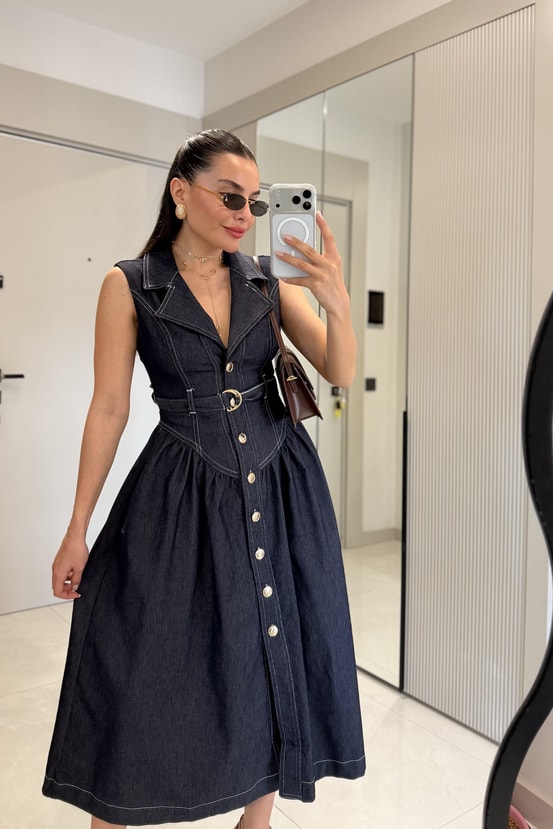 Junior Denim Kloş Etekli Midi Elbise