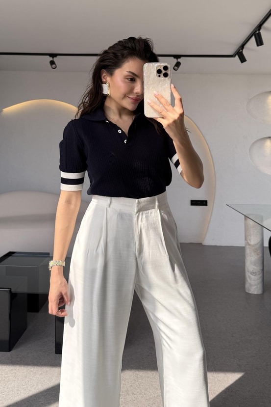 Karina Lacivert Polo Yaka Merserize  İnce Triko