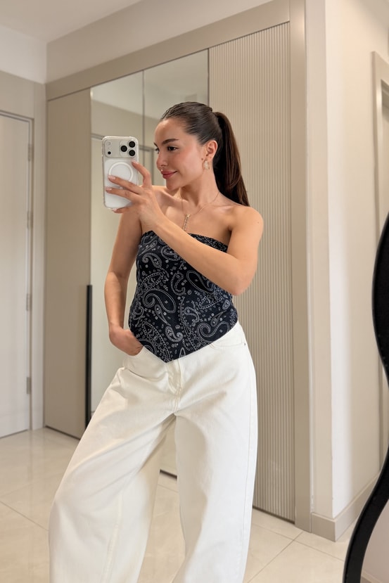 Kidney Şal Desen Denim Fular Bluz