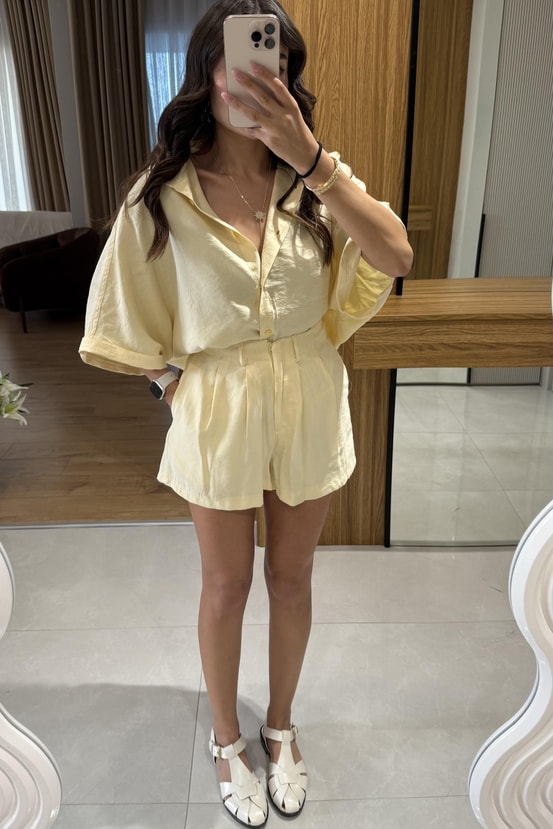 Klara Sarı Tensel Şort Gömlek Takım