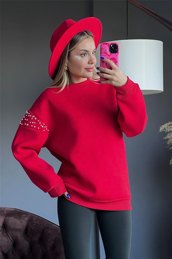 Kolu taş işlemeli kırmızı sweat