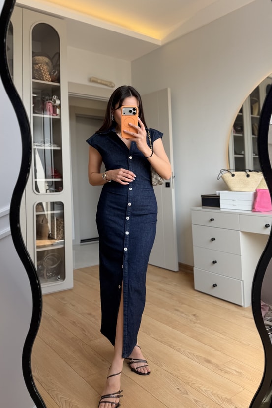 Kowski Darkblue Belden Oturmalı Denim Elbise