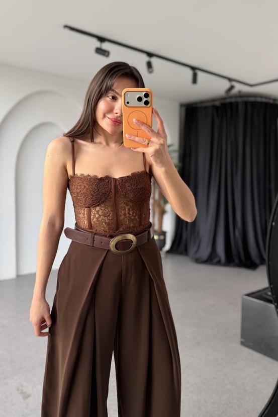 Kylie Kahve Dantel Bodysuit 