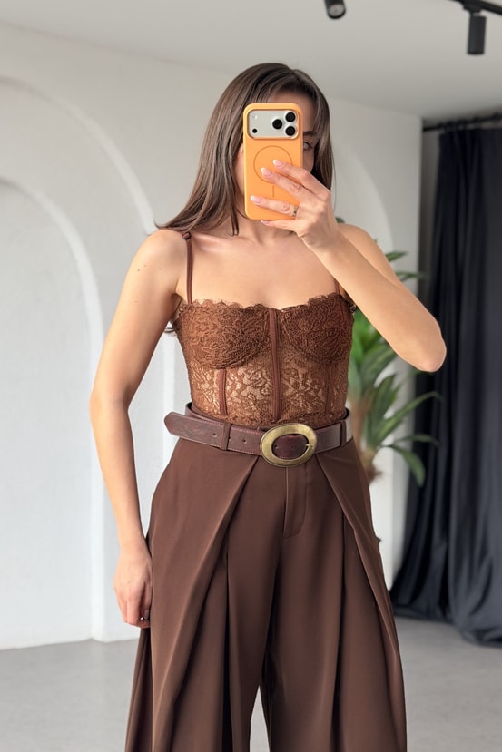 Kylie Kahve Dantel Bodysuit 