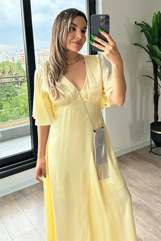 Lamia sarı saten elbise