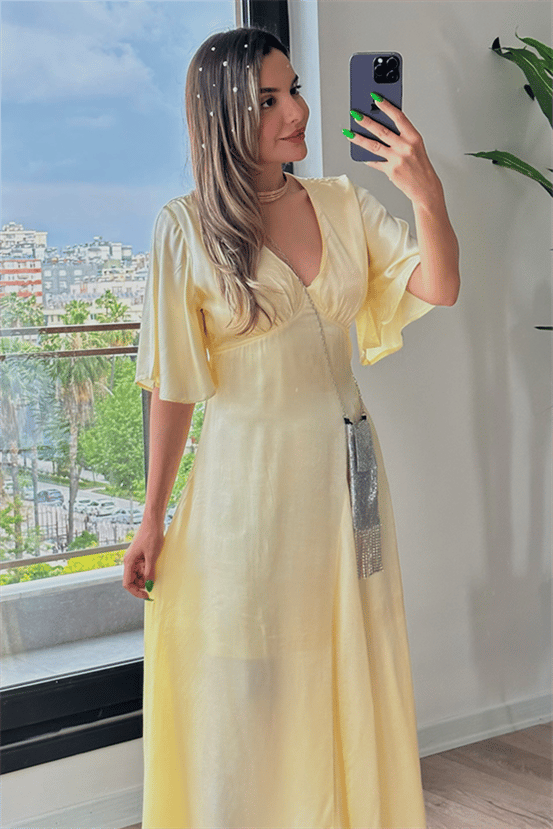 Lamia sarı saten elbise