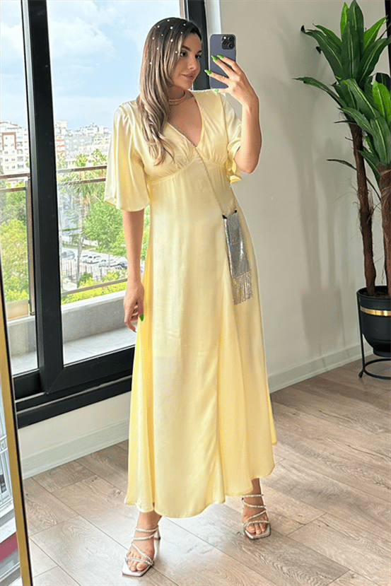 Lamia sarı saten elbise