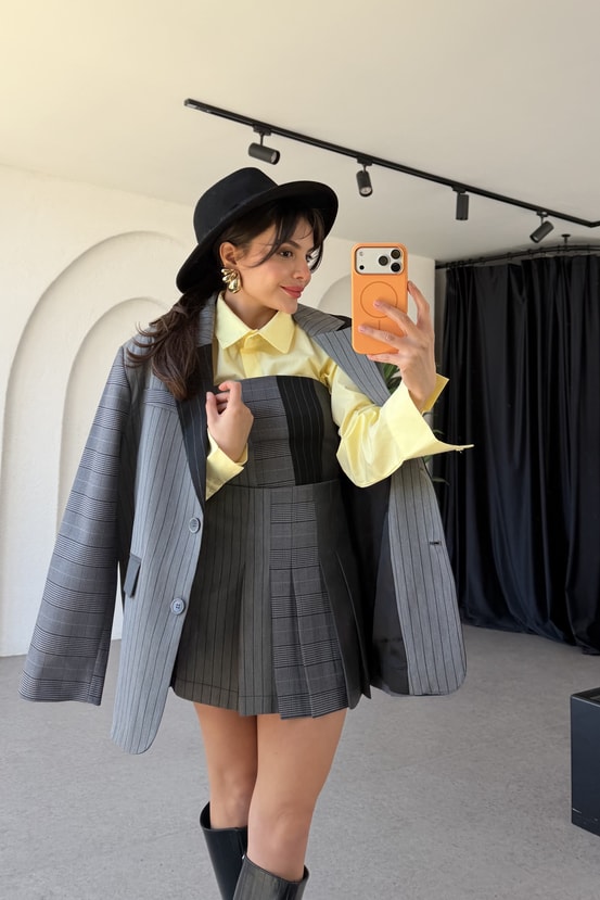 Lashes Siyah Ekose Desen Blazer Ceket