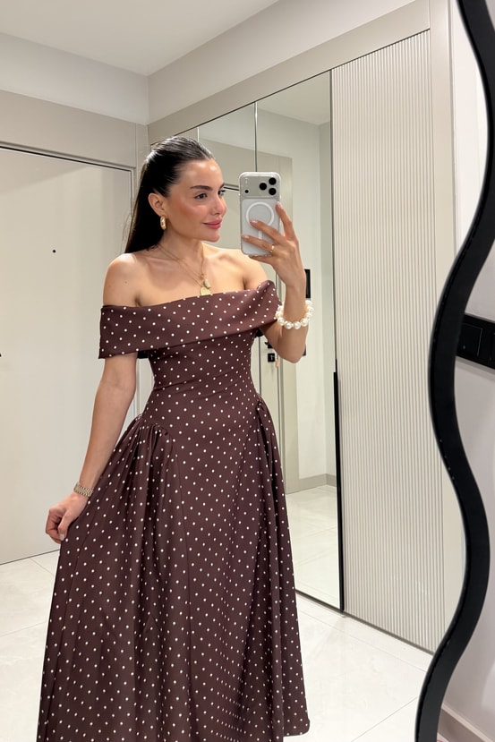 Layla Kahve Puantiye Belden Oturmalı Madonna Elbise