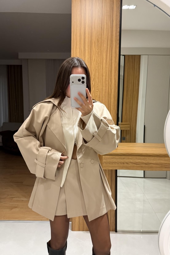 Lesha Camel Premium Şort Etekli Trenç Takım