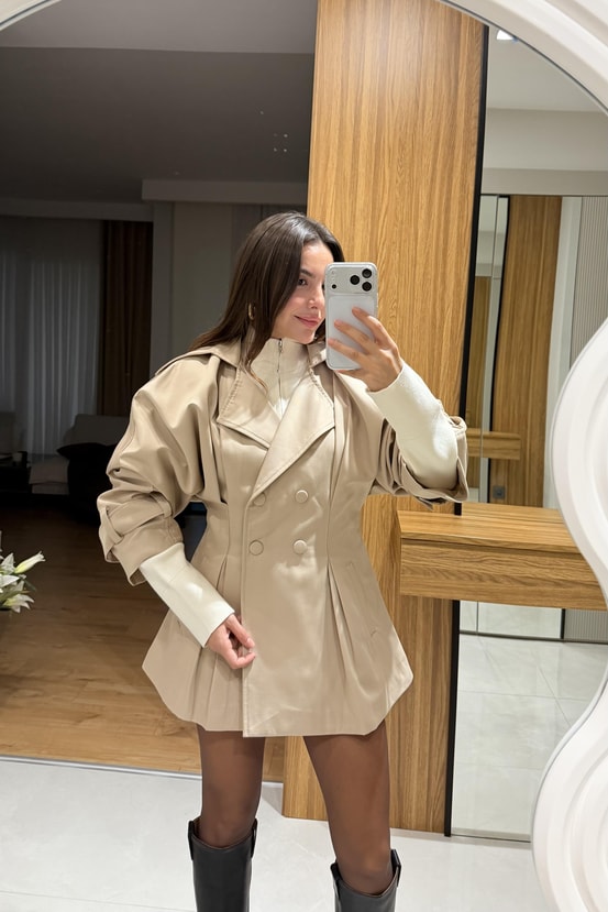 Lesha Camel Premium Şort Etekli Trenç Takım